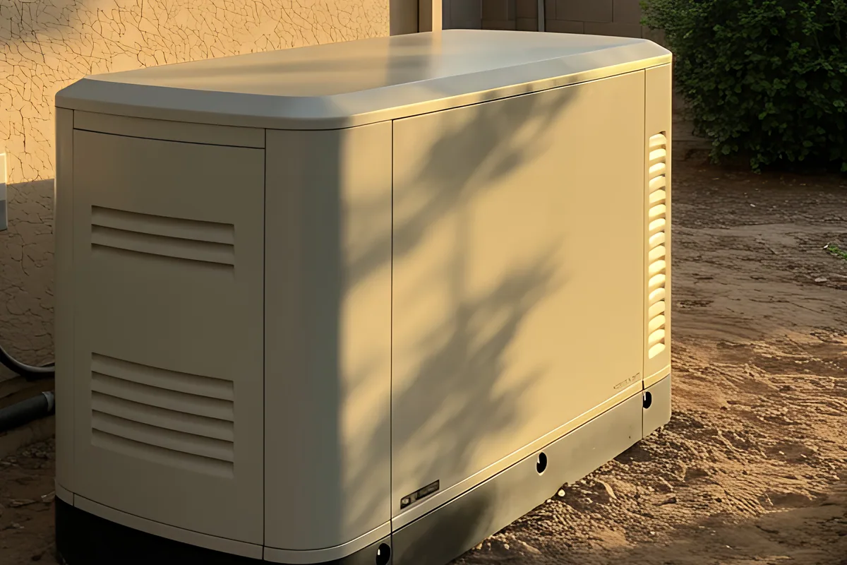 Standby generator cabinet installed on a concrete pad beside a home