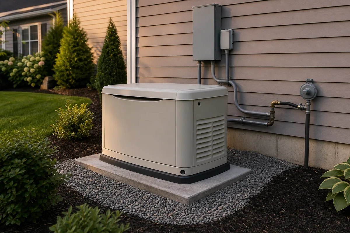 Standby generator installation showing transfer switch and fuel-line planning context