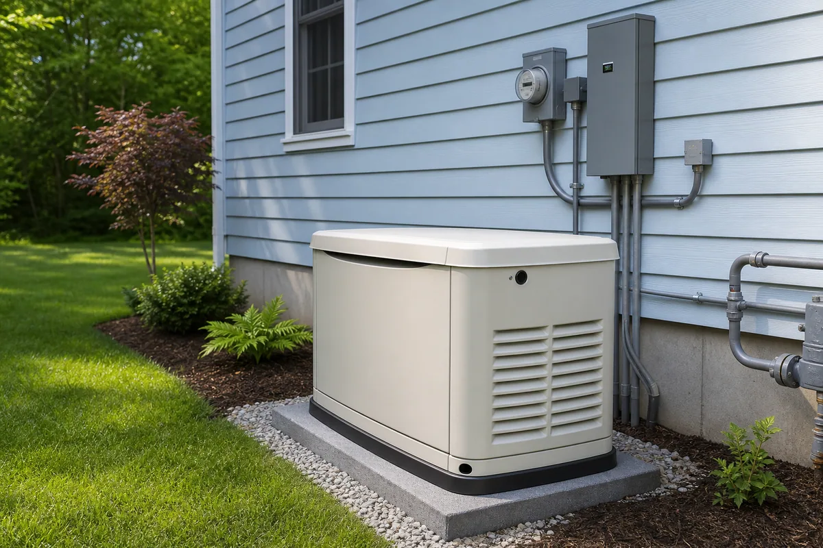 Standby generator with transfer switch and conduit beside a home