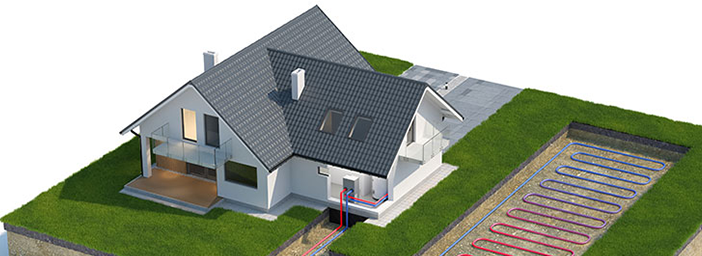 3D cutaway illustration — geothermal home with ground loop tapping the earth's constant temperature