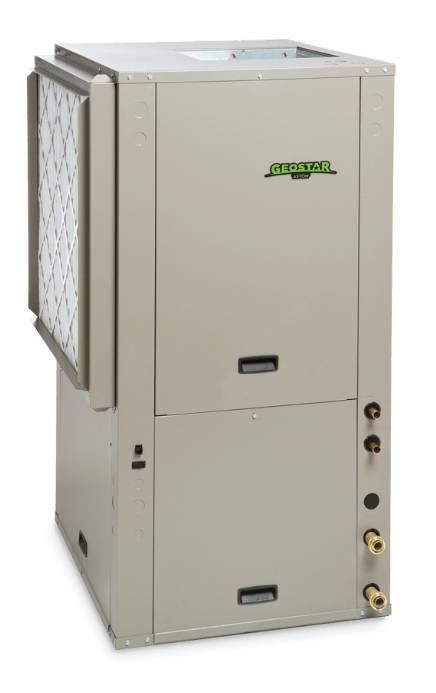 GeoStar geothermal unit — beige cabinet with hydronic ports, ground-coupled (immune to outdoor temperature)