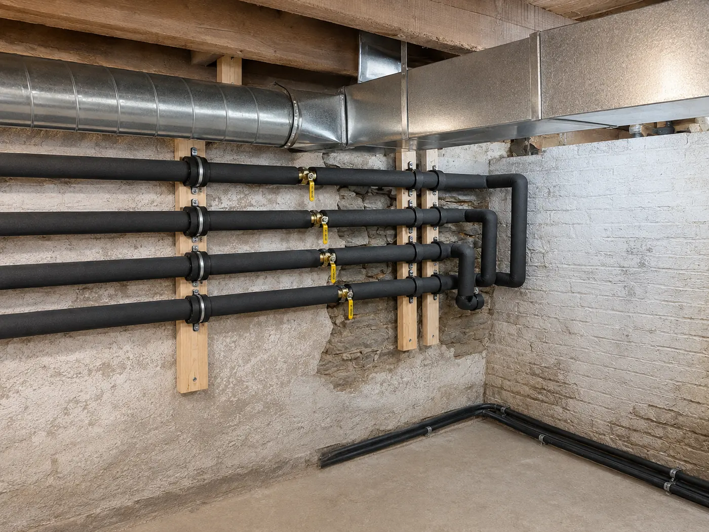 Digitally retouched pipework illustration with black insulation and a cleared work area