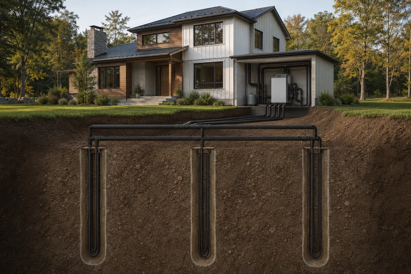 Illustrated home cutaway showing three vertical closed ground loops connected to an indoor geothermal heat pump