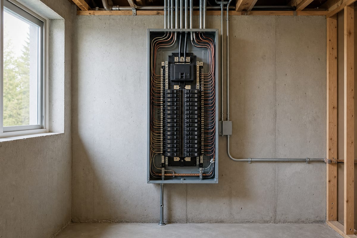 Residential electrical service panel with the cover off, breakers and conduit runs visible