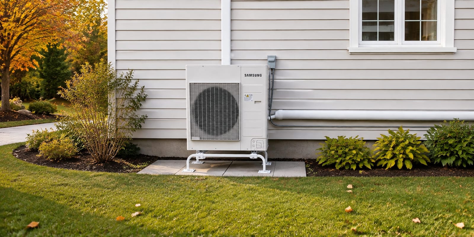Cold-climate outdoor heat pump beside a welcoming home in autumn