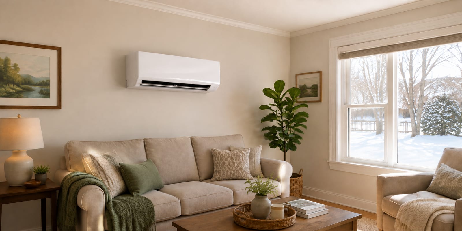 A wall-mounted mini-split in a comfortable living room