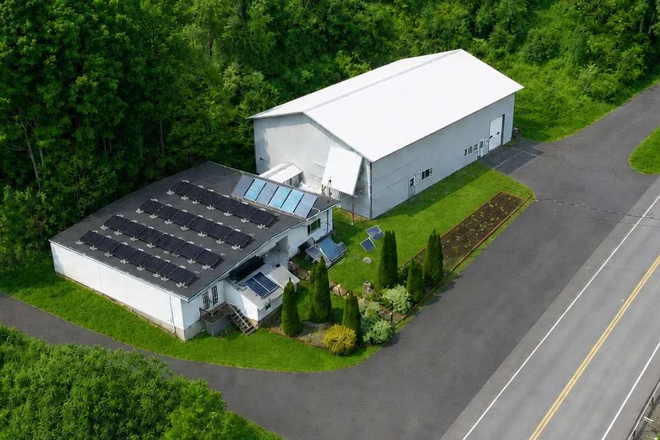 Aerial view of the IGS facility with rooftop solar panels and solar hot water collectors