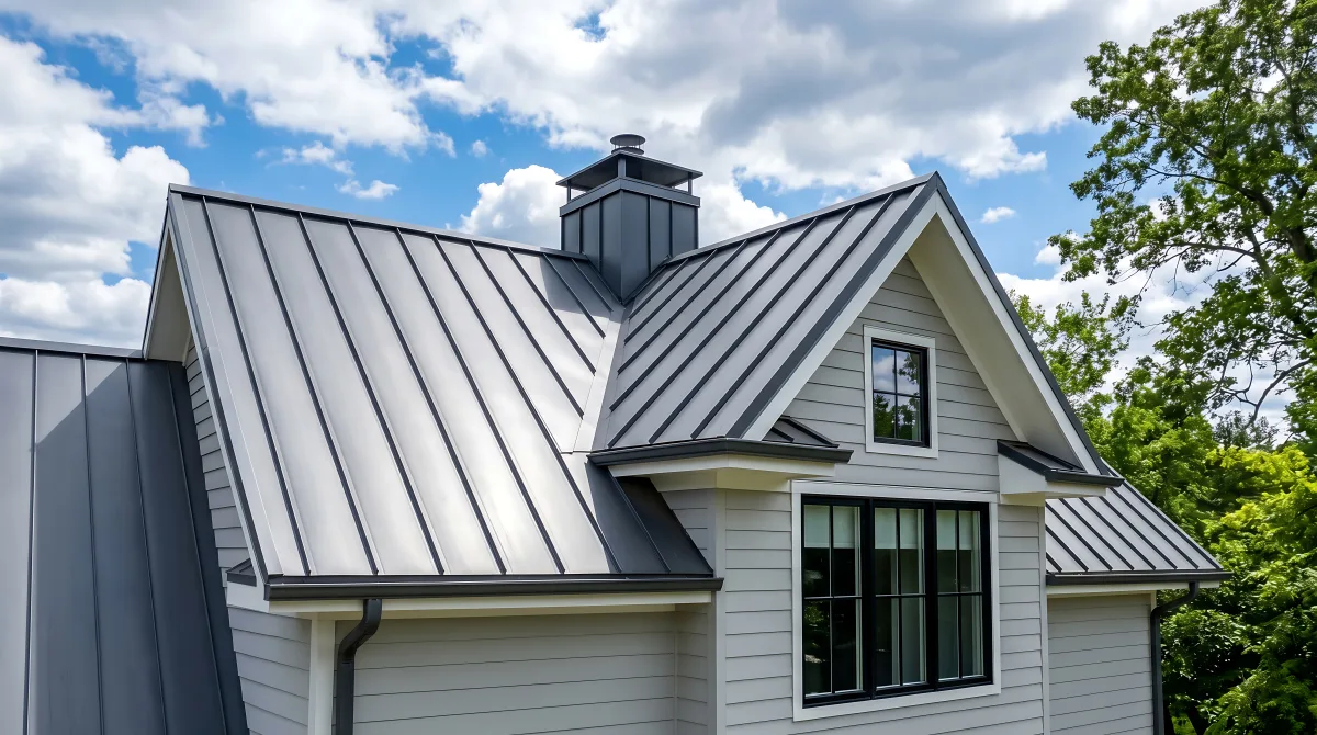Standing seam metal roof detail on a residential home
