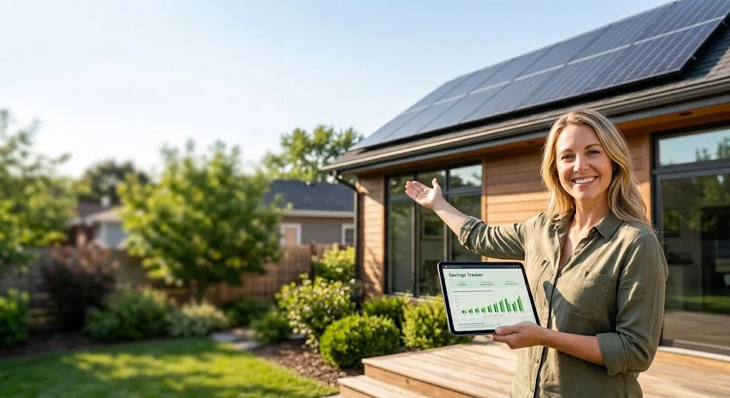 IGS energy advisor going over solar options with a homeowner outside a solar-equipped home