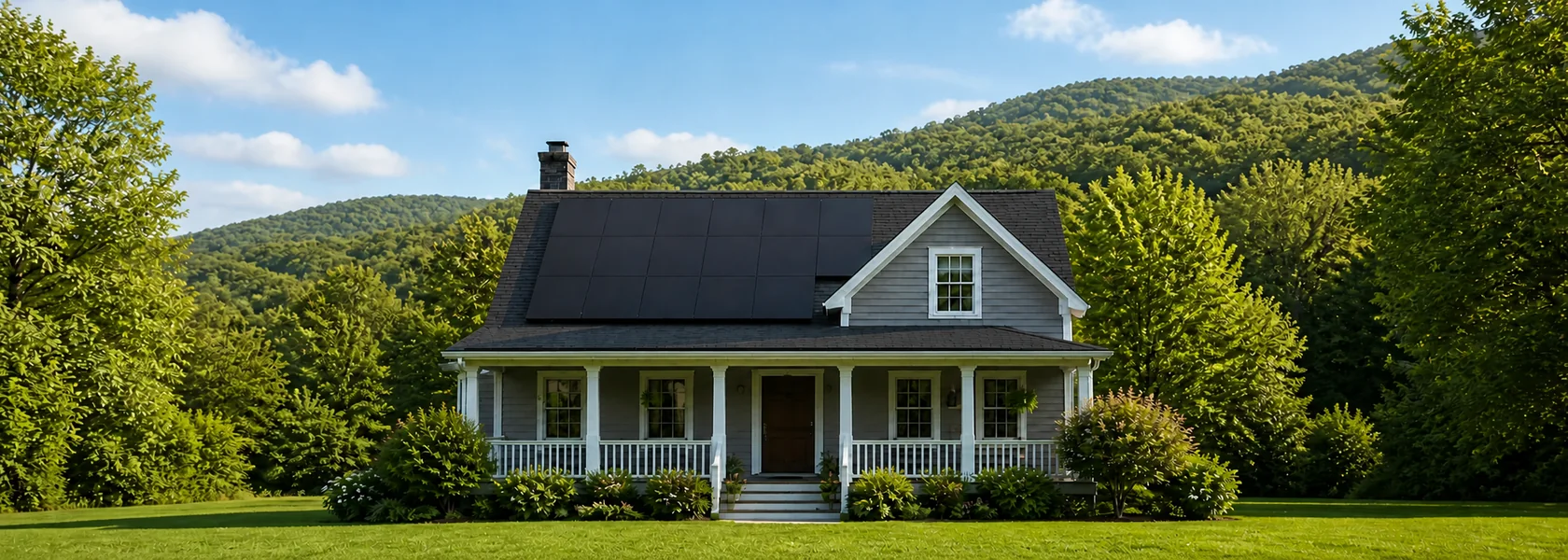 Gray cottage with charcoal roof shingles and rooftop solar panels